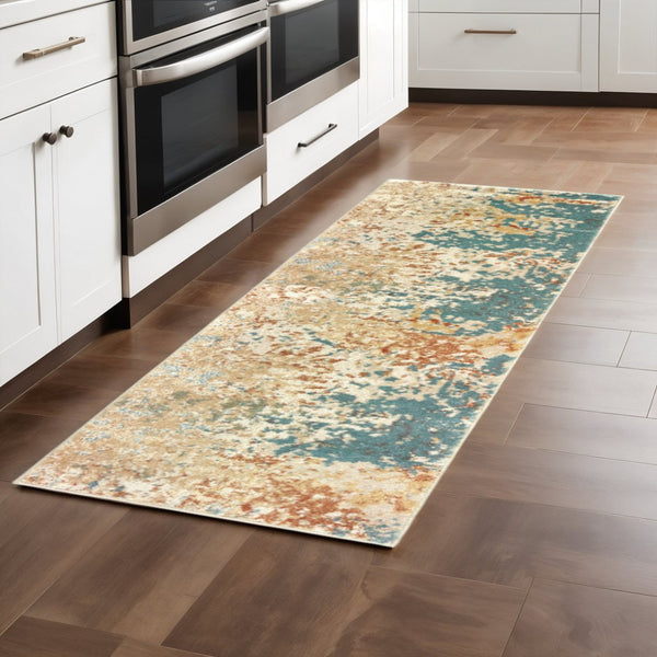 HomeRoots 2' Vibrant Foam Blue Pumpkin and Golden Yellow Abstract Runner Rug - Stain Resistant, Modern Design 2'3" x 7'6" 508741