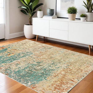 HomeRoots 2' Vibrant Foam Blue Pumpkin and Golden Yellow Abstract Runner Rug - Stain Resistant, Modern Design 4' X 6' 508743