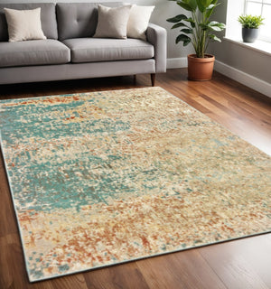 HomeRoots 2' Vibrant Foam Blue Pumpkin and Golden Yellow Abstract Runner Rug - Stain Resistant, Modern Design 5' X 7' 508744