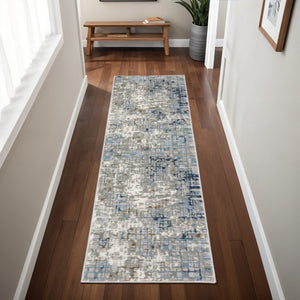 HomeRoots 2' Abstract Power Loom Runner Rug in Blue, Ivory, Grey, and Beige – Stain Resistant & Durable Design 2'3" x 7'6" 508748