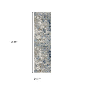 HomeRoots 2' Abstract Power Loom Runner Rug in Blue, Ivory, Grey, and Beige – Stain Resistant & Durable Design 2'3" x 7'6" 508748