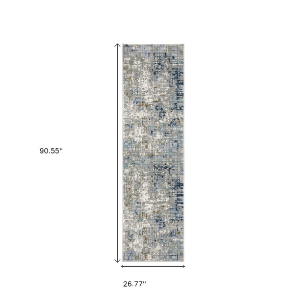 HomeRoots 2' Abstract Power Loom Runner Rug in Blue, Ivory, Grey, and Beige – Stain Resistant & Durable Design 2'3" x 7'6" 508748