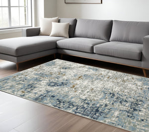 HomeRoots 2' Abstract Power Loom Runner Rug in Blue, Ivory, Grey, and Beige – Stain Resistant & Durable Design 7' X 10' 508751