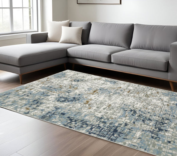 HomeRoots 2' Abstract Power Loom Runner Rug in Blue, Ivory, Grey, and Beige – Stain Resistant & Durable Design 7' X 10' 508751