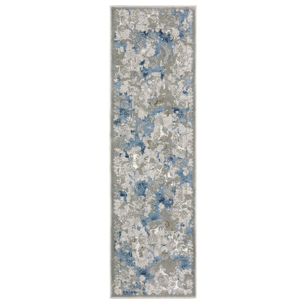 HomeRoots 2' Abstract Runner Rug in Grey Blue Ivory Navy Beige & Brown – Stain Resistant, Durable Design for Home 2'3" x 7'6" 508753
