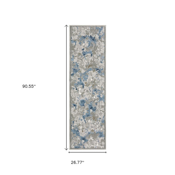 HomeRoots 2' Abstract Runner Rug in Grey Blue Ivory Navy Beige & Brown – Stain Resistant, Durable Design for Home 2'3" x 7'6" 508753