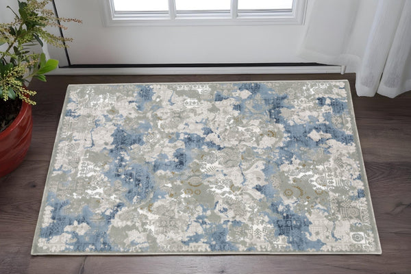 HomeRoots 2' Abstract Runner Rug in Grey Blue Ivory Navy Beige & Brown – Stain Resistant, Durable Design for Home 3' x 5' 508754
