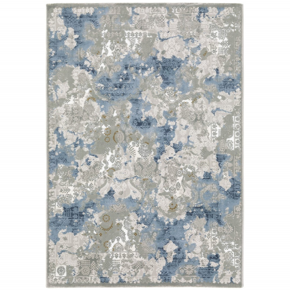 HomeRoots 2' Abstract Runner Rug in Grey Blue Ivory Navy Beige & Brown – Stain Resistant, Durable Design for Home 5' X 8' 508755