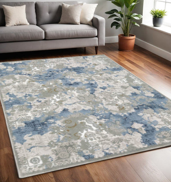 HomeRoots 2' Abstract Runner Rug in Grey Blue Ivory Navy Beige & Brown – Stain Resistant, Durable Design for Home 5' X 8' 508755
