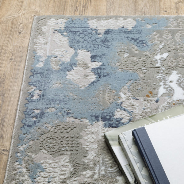 HomeRoots 2' Abstract Runner Rug in Grey Blue Ivory Navy Beige & Brown – Stain Resistant, Durable Design for Home 5' X 8' 508755