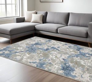 HomeRoots 2' Abstract Runner Rug in Grey Blue Ivory Navy Beige & Brown – Stain Resistant, Durable Design for Home 7' X 10' 508756