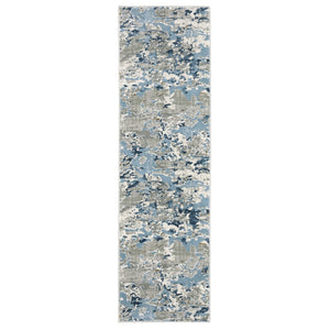 HomeRoots 2' Contemporary Abstract Runner Rug in Grey, Blue, Ivory, Navy & Brown - Stain Resistant Design 2'3" x 7'6" 508758