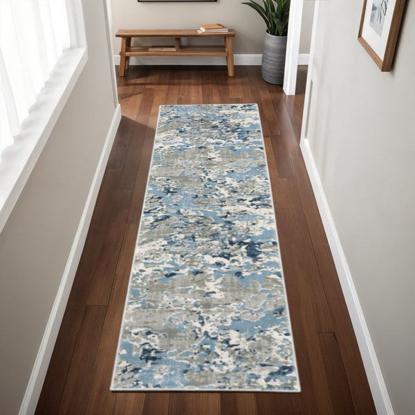 HomeRoots 2' Contemporary Abstract Runner Rug in Grey, Blue, Ivory, Navy & Brown - Stain Resistant Design 2'3" x 7'6" 508758