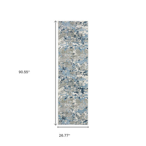 HomeRoots 2' Contemporary Abstract Runner Rug in Grey, Blue, Ivory, Navy & Brown - Stain Resistant Design 2'3" x 7'6" 508758