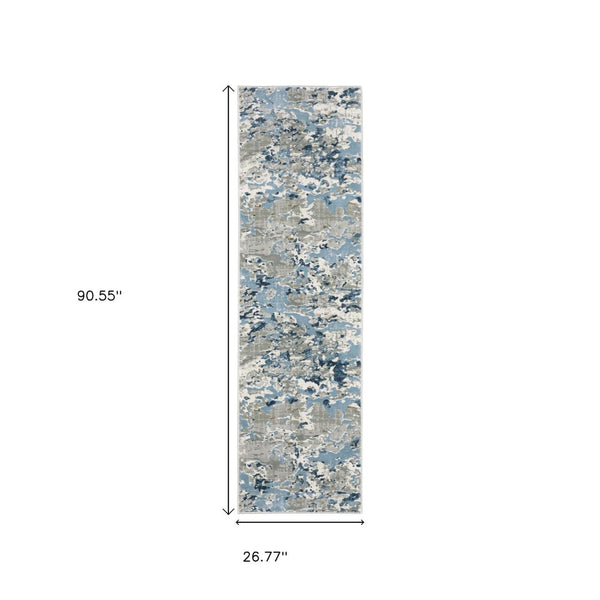 HomeRoots 2' Contemporary Abstract Runner Rug in Grey, Blue, Ivory, Navy & Brown - Stain Resistant Design 2'3" x 7'6" 508758