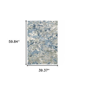 HomeRoots 2' Contemporary Abstract Runner Rug in Grey, Blue, Ivory, Navy & Brown - Stain Resistant Design 3' x 5' 508759