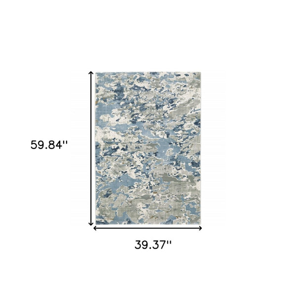 HomeRoots 2' Contemporary Abstract Runner Rug in Grey, Blue, Ivory, Navy & Brown - Stain Resistant Design 3' x 5' 508759