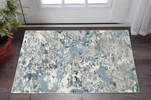HomeRoots 2' Contemporary Abstract Runner Rug in Grey, Blue, Ivory, Navy & Brown - Stain Resistant Design 3' x 5' 508759