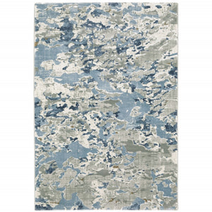 HomeRoots 2' Contemporary Abstract Runner Rug in Grey, Blue, Ivory, Navy & Brown - Stain Resistant Design 5' X 8' 508760