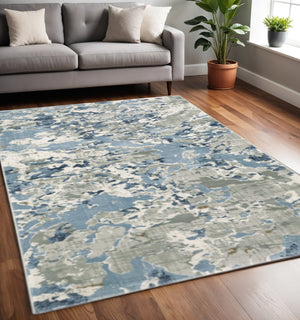 HomeRoots 2' Contemporary Abstract Runner Rug in Grey, Blue, Ivory, Navy & Brown - Stain Resistant Design 5' X 8' 508760