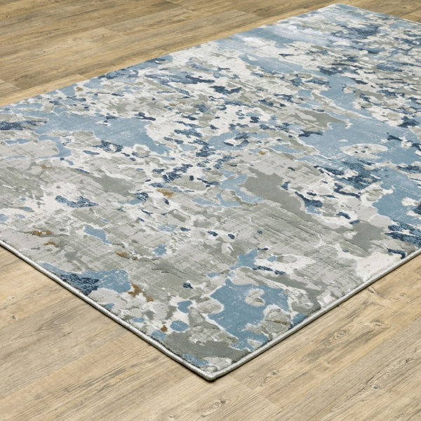 HomeRoots 2' Contemporary Abstract Runner Rug in Grey, Blue, Ivory, Navy & Brown - Stain Resistant Design 5' X 8' 508760