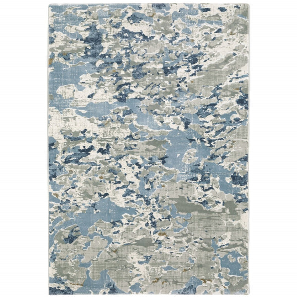 HomeRoots 2' Contemporary Abstract Runner Rug in Grey, Blue, Ivory, Navy & Brown - Stain Resistant Design 7' X 10' 508761