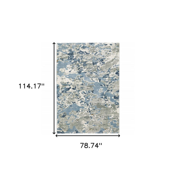 HomeRoots 2' Contemporary Abstract Runner Rug in Grey, Blue, Ivory, Navy & Brown - Stain Resistant Design 7' X 10' 508761