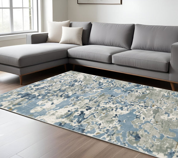 HomeRoots 2' Contemporary Abstract Runner Rug in Grey, Blue, Ivory, Navy & Brown - Stain Resistant Design 10' X 13' 508762