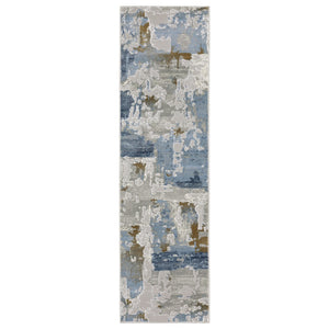 HomeRoots 2' Abstract Power Loom Runner Rug in Grey, Blue, Navy, Ivory & Brown - Stain Resistant & Durable Design 2'3" x 7'6" 508763