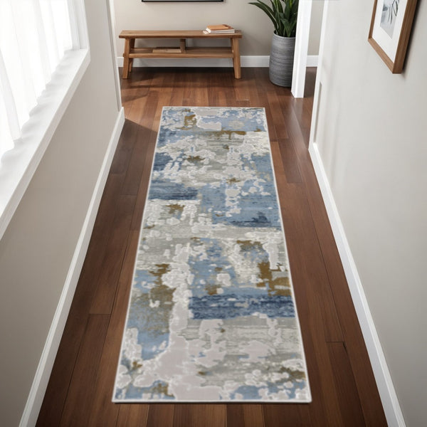 HomeRoots 2' Abstract Power Loom Runner Rug in Grey, Blue, Navy, Ivory & Brown - Stain Resistant & Durable Design 2'3" x 7'6" 508763
