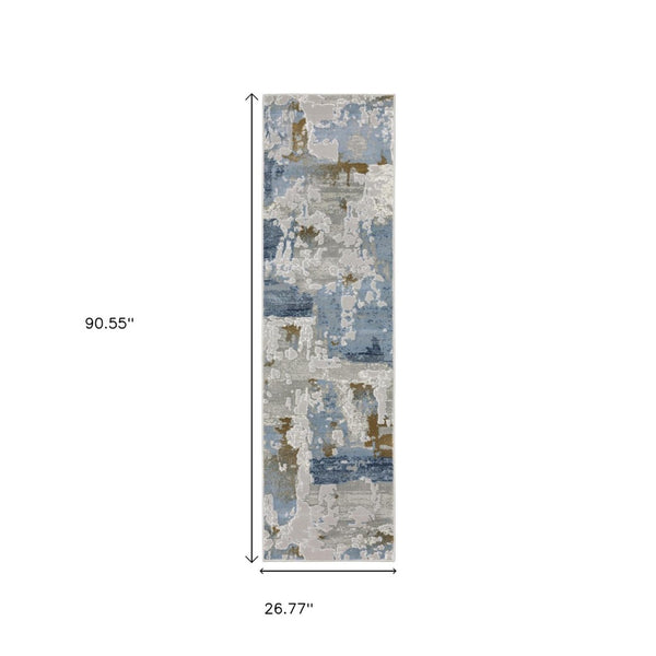 HomeRoots 2' Abstract Power Loom Runner Rug in Grey, Blue, Navy, Ivory & Brown - Stain Resistant & Durable Design 2'3" x 7'6" 508763