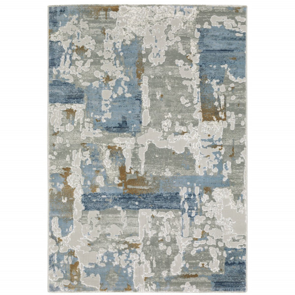 HomeRoots 2' Abstract Power Loom Runner Rug in Grey, Blue, Navy, Ivory & Brown - Stain Resistant & Durable Design 3' x 5' 508764