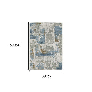 HomeRoots 2' Abstract Power Loom Runner Rug in Grey, Blue, Navy, Ivory & Brown - Stain Resistant & Durable Design 3' x 5' 508764