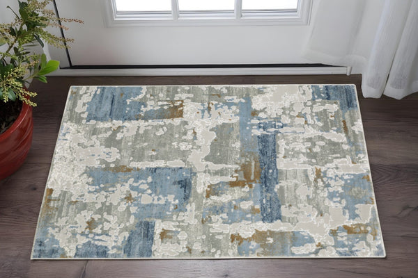 HomeRoots 2' Abstract Power Loom Runner Rug in Grey, Blue, Navy, Ivory & Brown - Stain Resistant & Durable Design 3' x 5' 508764