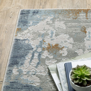 HomeRoots 2' Abstract Power Loom Runner Rug in Grey, Blue, Navy, Ivory & Brown - Stain Resistant & Durable Design 3' x 5' 508764