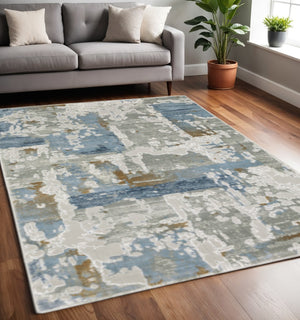 HomeRoots 2' Abstract Power Loom Runner Rug in Grey, Blue, Navy, Ivory & Brown - Stain Resistant & Durable Design 5' X 8' 508765