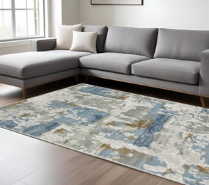 HomeRoots 2' Abstract Power Loom Runner Rug in Grey, Blue, Navy, Ivory & Brown - Stain Resistant & Durable Design 10' X 13' 508767