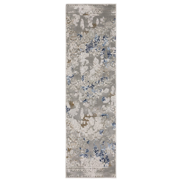 HomeRoots 2' Stylish Grey Blue Ivory Brown Navy Abstract Power Loom Runner Rug - Stain Resistant & Durable Design 2'3" x 7'6" 508773
