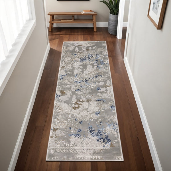 HomeRoots 2' Stylish Grey Blue Ivory Brown Navy Abstract Power Loom Runner Rug - Stain Resistant & Durable Design 2'3" x 7'6" 508773