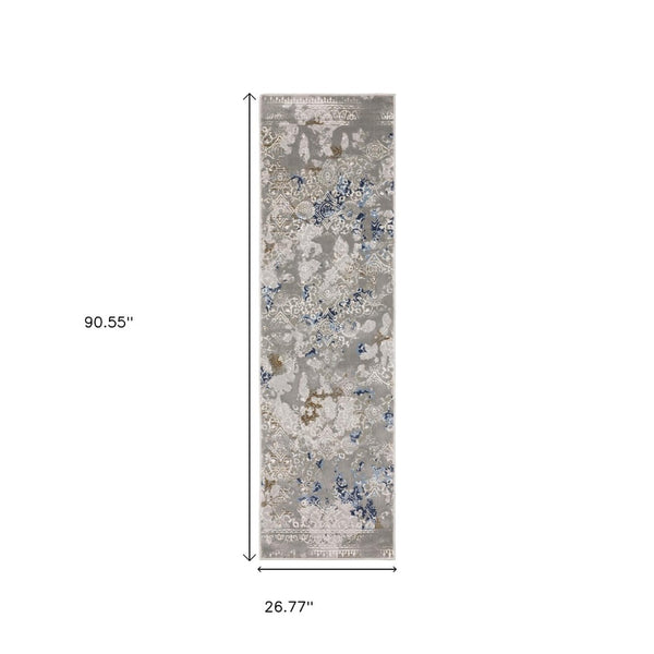 HomeRoots 2' Stylish Grey Blue Ivory Brown Navy Abstract Power Loom Runner Rug - Stain Resistant & Durable Design 2'3" x 7'6" 508773