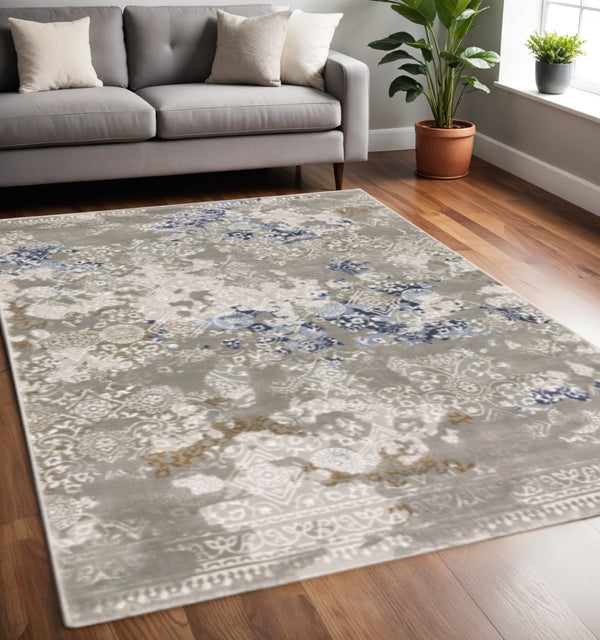 HomeRoots 2' Stylish Grey Blue Ivory Brown Navy Abstract Power Loom Runner Rug - Stain Resistant & Durable Design 5' X 8' 508775