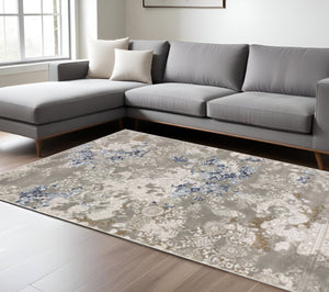 HomeRoots 2' Stylish Grey Blue Ivory Brown Navy Abstract Power Loom Runner Rug - Stain Resistant & Durable Design 10' X 13' 508777