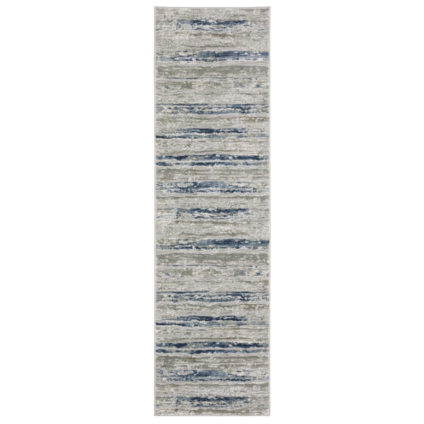 HomeRoots 2' Abstract Power Loom Runner Rug in Grey Blue, Light Blue, Ivory & Brown - Stain Resistant Style 2'3" x 7'6" 508778