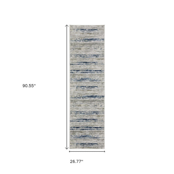 HomeRoots 2' Abstract Power Loom Runner Rug in Grey Blue, Light Blue, Ivory & Brown - Stain Resistant Style 2'3" x 7'6" 508778