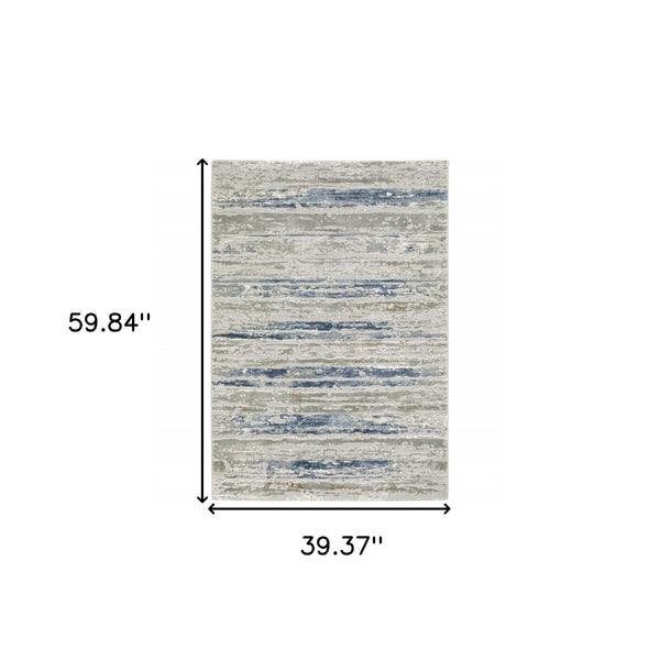 HomeRoots 2' Abstract Power Loom Runner Rug in Grey Blue, Light Blue, Ivory & Brown - Stain Resistant Style 3' x 5' 508779