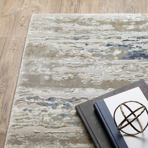 HomeRoots 2' Abstract Power Loom Runner Rug in Grey Blue, Light Blue, Ivory & Brown - Stain Resistant Style 3' x 5' 508779