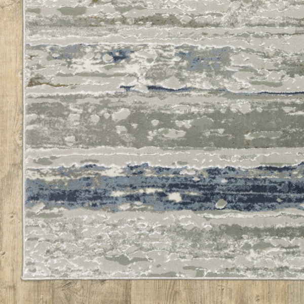 HomeRoots 2' Abstract Power Loom Runner Rug in Grey Blue, Light Blue, Ivory & Brown - Stain Resistant Style 3' x 5' 508779