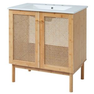English Elm 30-inch bamboo bathroom vanity with handwoven rattan doors, soft-close hinges, ample storage beauty WF530472AAD