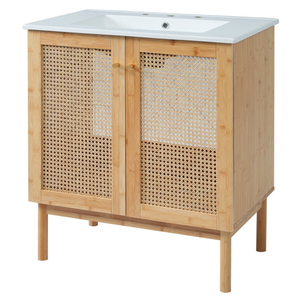 English Elm 30-inch bamboo bathroom vanity with handwoven rattan doors, soft-close hinges, ample storage beauty WF530472AAD