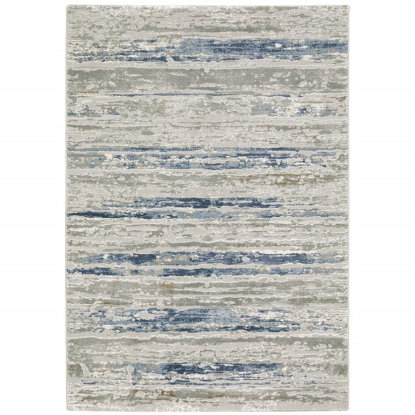 HomeRoots 2' Abstract Power Loom Runner Rug in Grey Blue, Light Blue, Ivory & Brown - Stain Resistant Style 7' X 10' 508781